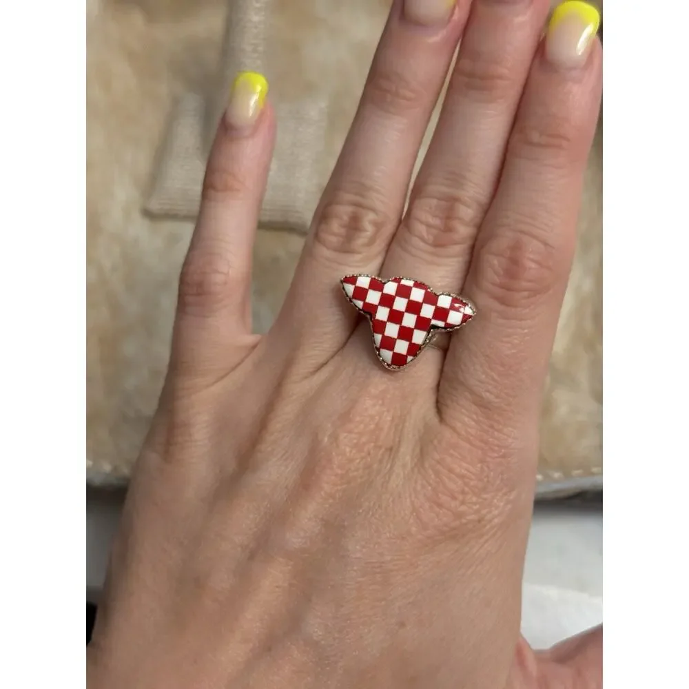 Native American SW Sterling Silver Red Checkerboard Cow Steer Bull Head Ring